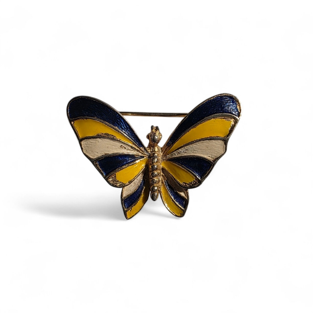 Vintage Enameled Butterfly Metal Brooch Gold Blue and Yellow EUC